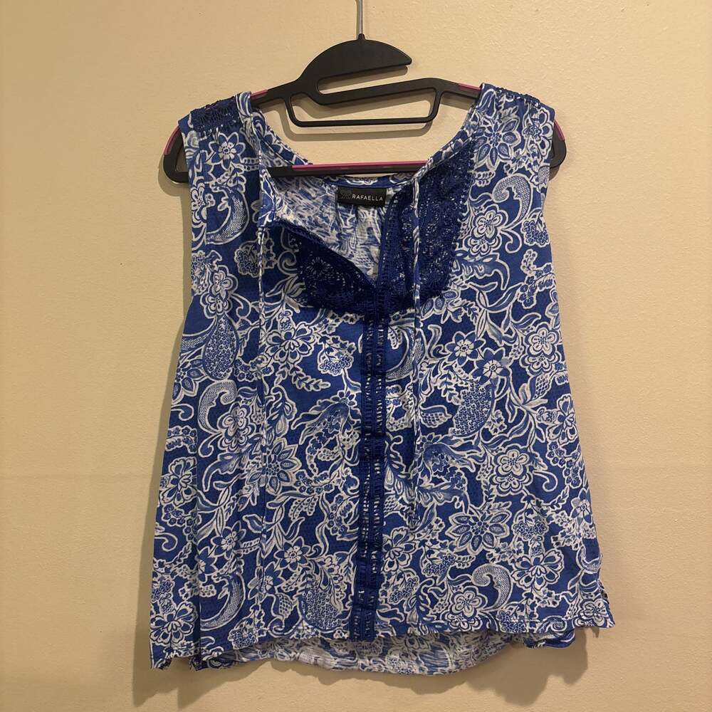 Rafaella Women's Blue and White Floral Boho Print Tank Top